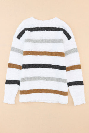 Textured stripe slouchy knit sweater in white with acrylic yarn, featuring horizontal stripes in black, grey, and brown.