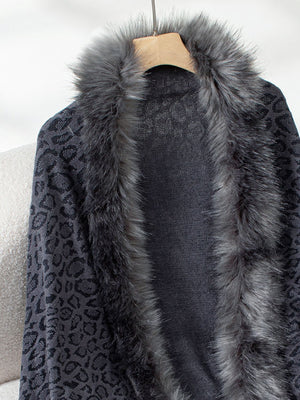 Leopard print cardigan with faux fur trim in black and grey acrylic.