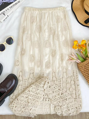 White midi skirt with crochet lace overlay and elastic waist