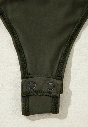 Army green bodysuit with snap closure and decorative stitching detail