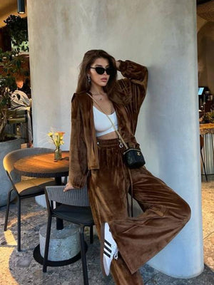 Plush velour lounge set in Chestnut, featuring wide leg pants and a relaxed fit jacket.