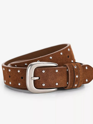 Brown cowhide leather studded belt with silver buckle