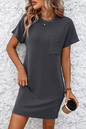 Dark gray ribbed tee dress with short sleeves, crew neck, and a patch pocket.