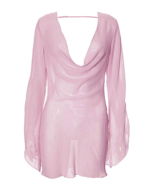 Pink sheer chiffon mini dress with draped cowl neck and backless detail.