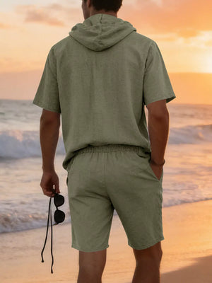 Men's Army Green Linen Blend Hooded Top and Shorts Set
