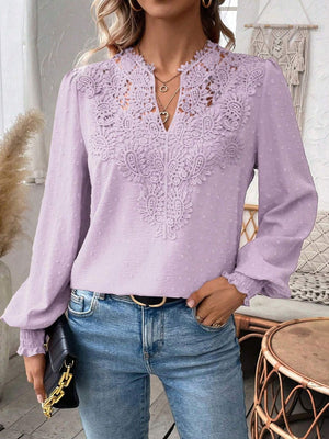 Purple blouse with embroidered yoke and puff sleeves