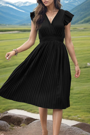 Black pleated midi dress with V-neck, flutter sleeves, and smocked waist.