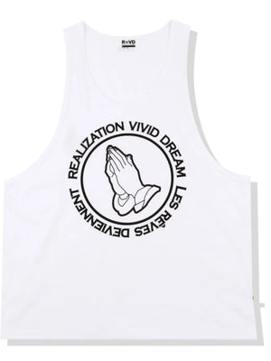 White tank top with praying hands graphic and circular text