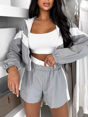 Zip Up Long Sleeve Outerwear And Shorts Set, front view