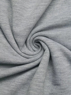 Gray sweatshirt fabric detail with a soft texture and subtle marled effect.