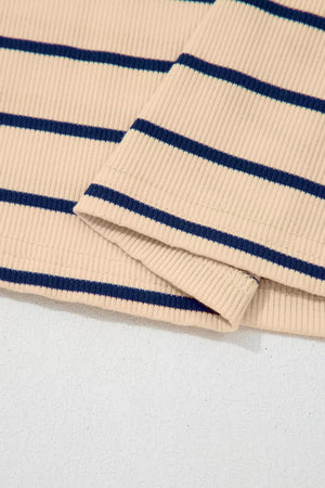 Ribbed mock neck t-shirt with navy stripes in cotton blend fabric.