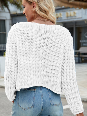 White chunky knit cardigan with textured stitch, long sleeves, and cropped hem.