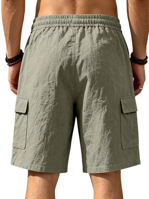 Military green cargo shorts with drawstring waist and crinkled texture.