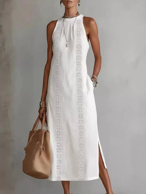 White sleeveless midi dress with geometric trim and pockets