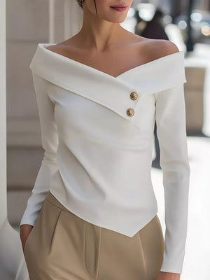 Elegant Off-the-shoulder Blouse With Buttons in White, front view