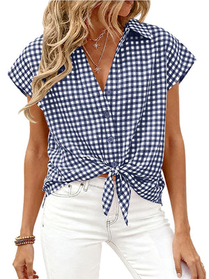 Navy gingham print tied button-down shirt with short sleeves and a collared neckline.