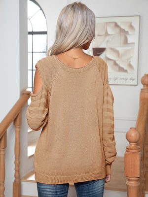 Khaki cable knit cold-shoulder sweater with button detail, acrylic.