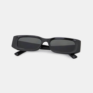 Black chunky rectangular sunglasses with dark lenses and thick frames.