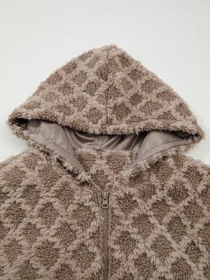 Textured sherpa fleece hooded jacket in taupe with a diamond pattern and zip front.