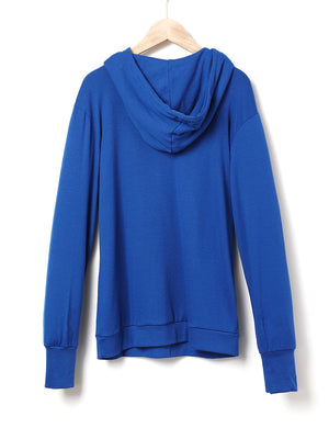 Royal blue hoodie with cowl neck and long sleeves, casual activewear style.