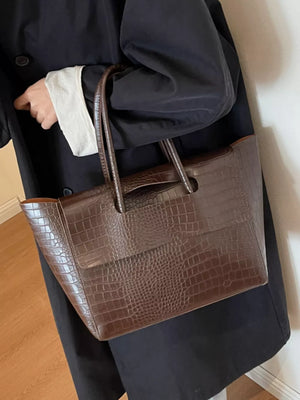Brown crocodile-embossed medium tote bag with top handles