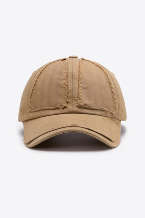 Camel raw edge denim baseball cap with distressed details