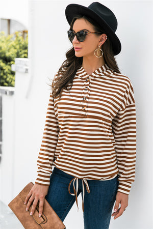 Button-neck striped relaxed fit hoodie in Chestnut with drawstring waist.