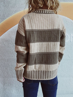 Textured stripe mock neck knit sweater in caramel and olive with ribbed details.