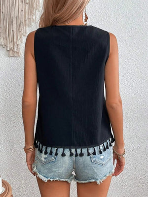 Black embroidered V-neck tank top with tassel trim, 100% polyester, casual bohemian style