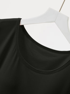 Black built-in bralette tee with a scoop neckline and double-stitched trim.
