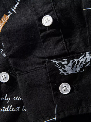 Black cotton blend long sleeve shirt with white button-down detail and graphic print.