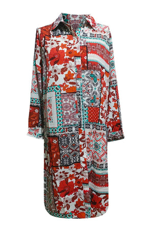 Patchwork print duster shirt jacket with collar and buttons, featuring floral and geometric patterns in red, orange, and
