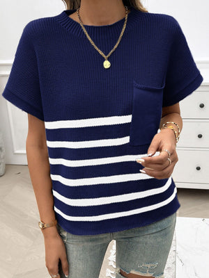 Dark navy knit stripe tee with patch pocket and short sleeves.