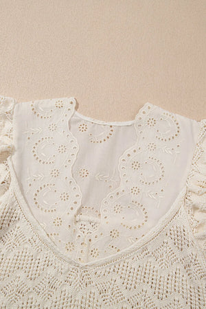 Beige crochet knit vest with eyelet yoke and embroidered details