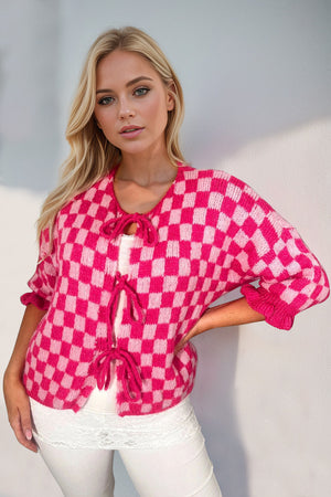 Hot Pink checkered knit cardigan with tie-front and ruffle sleeves