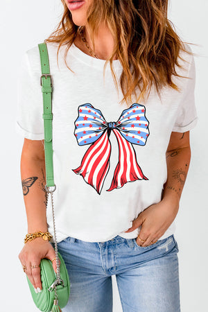 White graphic bow t-shirt with red and blue stripes and stars, casual short sleeve tee