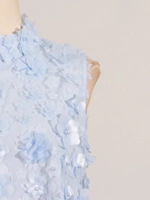 Blue floral applique mini dress with ruffled neckline and pearl details.