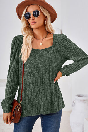 Puffed sleeve ribbed square neck top in Matcha Green.