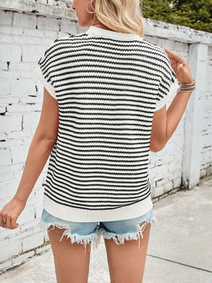 Textured stripe knit top in black and white with cap sleeves and a crew neck.