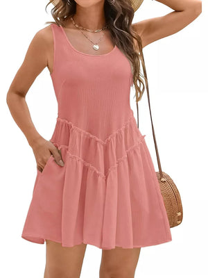Apricot frill tiered mini dress with scoop neck and pockets.