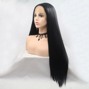Glossy black straight lace front wig with a natural hairline and long, sleek hair.