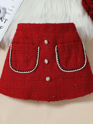 Red tweed skirt with decorative pockets and buttons