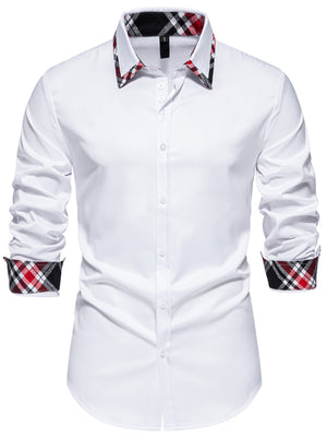 Men's white cotton slim fit shirt with plaid collar and cuffs