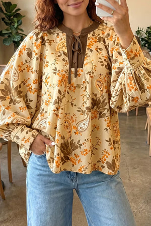 Paisley Print Tie Neck Long Sleeve Top in Tan, front view