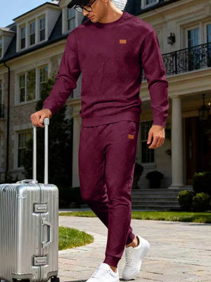 Men's Casual Textured Top And Pants Set in Navy Blue, fit detail
