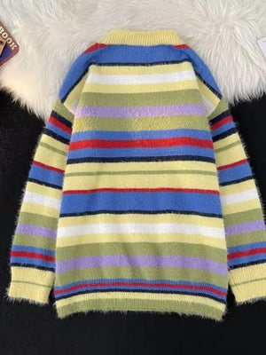 Cozy multi-striped knit sweater for him in yellow, blue, green, purple, white, and red.