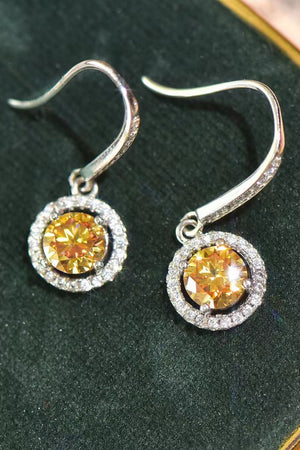 Golden halo moissanite drop earrings in yellow/white with a diamond halo.