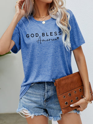 Cobalt blue crew neck t-shirt with black "God Bless America" graphic print.