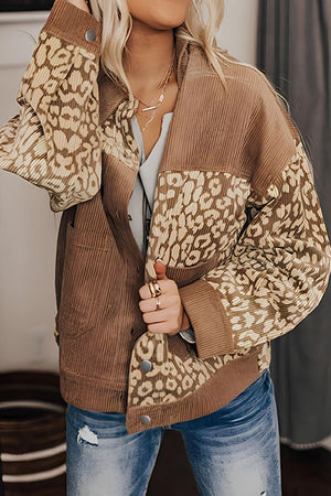 Camel corduroy jacket with leopard print panels and button front.