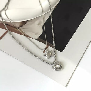 2-piece Star And Heart Pendant Alloy Necklace in Silver, alternate angle